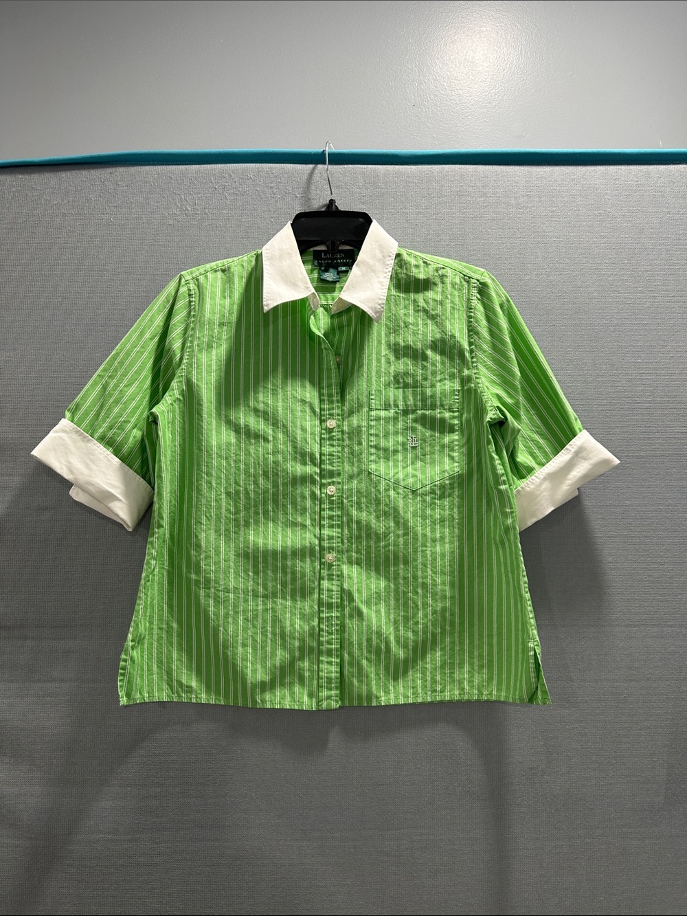 Lauren Ralph Lauren Green Stripe Short-Sleeve Button-Down with White Collar